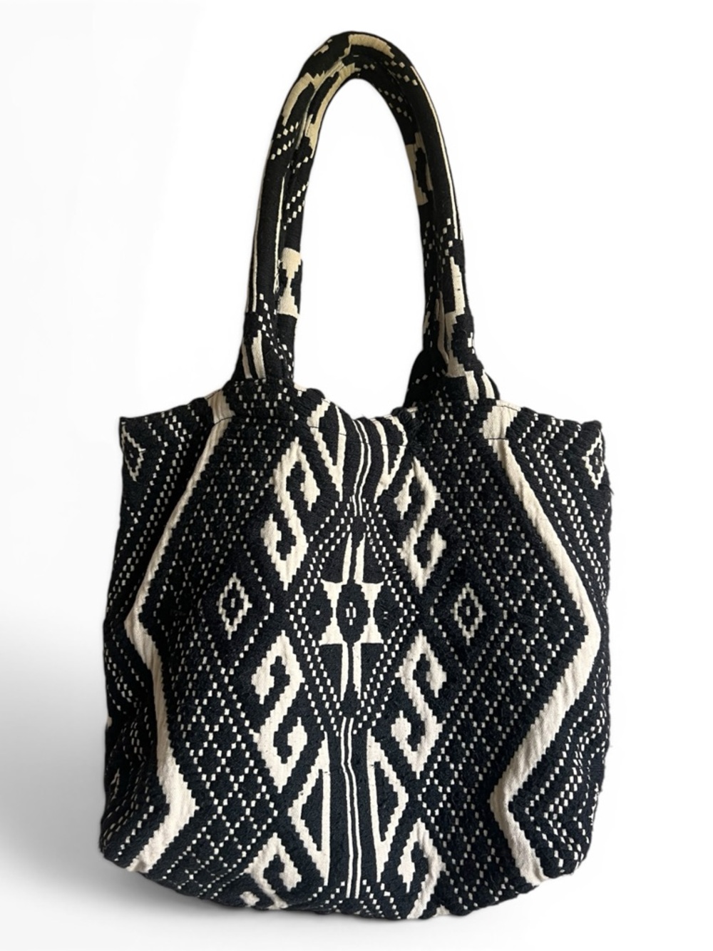 LOFT Woven Tote Black Cream Geometric Boho Shoulder Bag Large Everyday